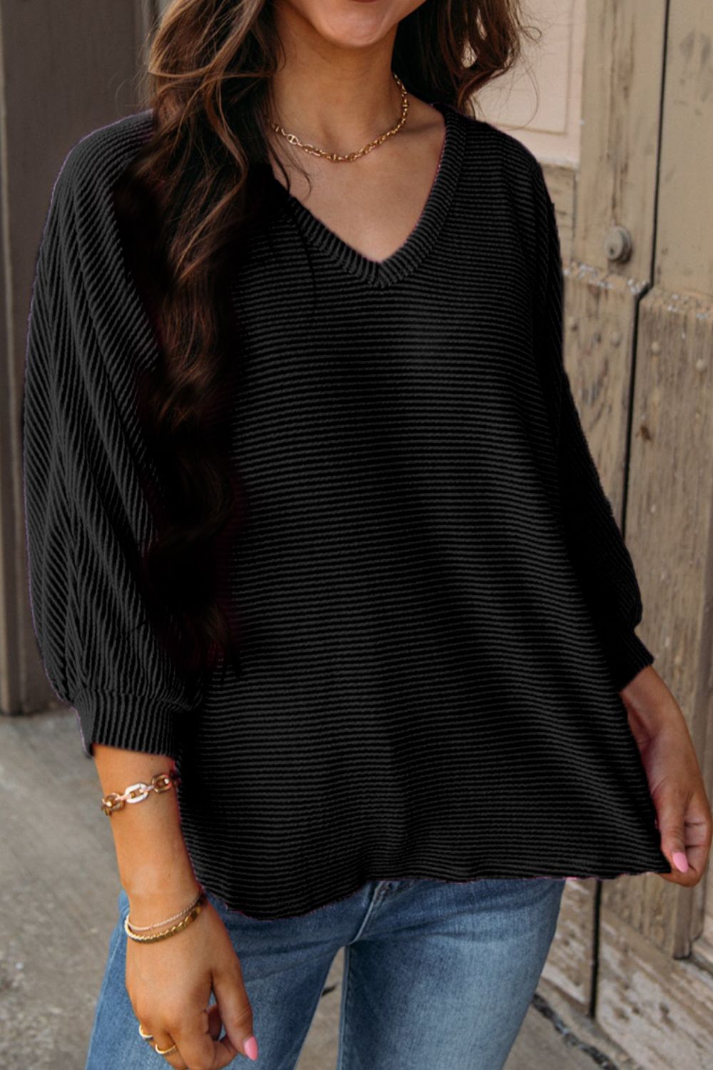 Texture V-Neck Long Sleeve Top