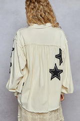 POL Star Patch Raw Hem Button Up Denim Jacket OutfitFlow
