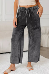 Mineral Wash Lace-up High Waist Raw Hem Patched Pocket Pants OutfitFlow