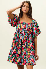 BiBi Floral Print Puff Square Neck Dress OutfitFlow
