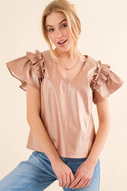 And The Why Faux Leather Ruffle Sleeves V Neck Top OutfitFlow