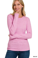 Zenana Ribbed Long Sleeve Round Neck T-Shirt MAUVE OutfitFlow