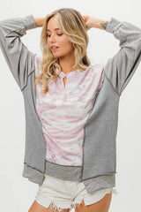 BiBi Camo Printed French Terry Knit Color Block Top OutfitFlow