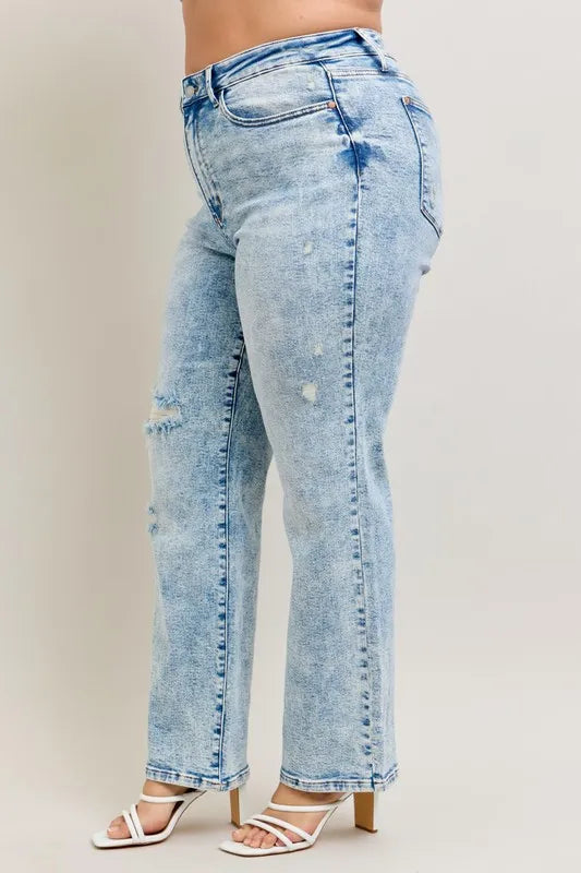 Judy Blue Full Size Hw Mineral Wash Destroy 90's Straight Jeans Plus Size OutfitFlow