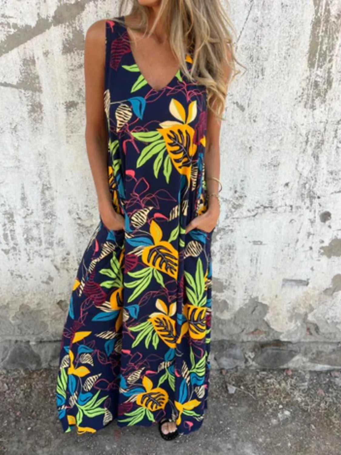 Full Size Printed V-Neck Sleeveless Dress Plus Size OutfitFlow