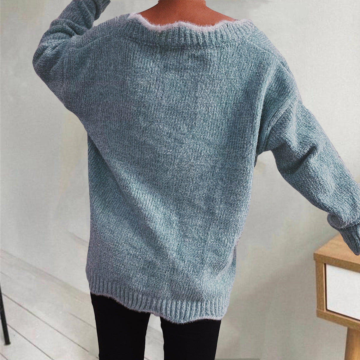 V-Neck Drop Shoulder Long Sleeve Sweater