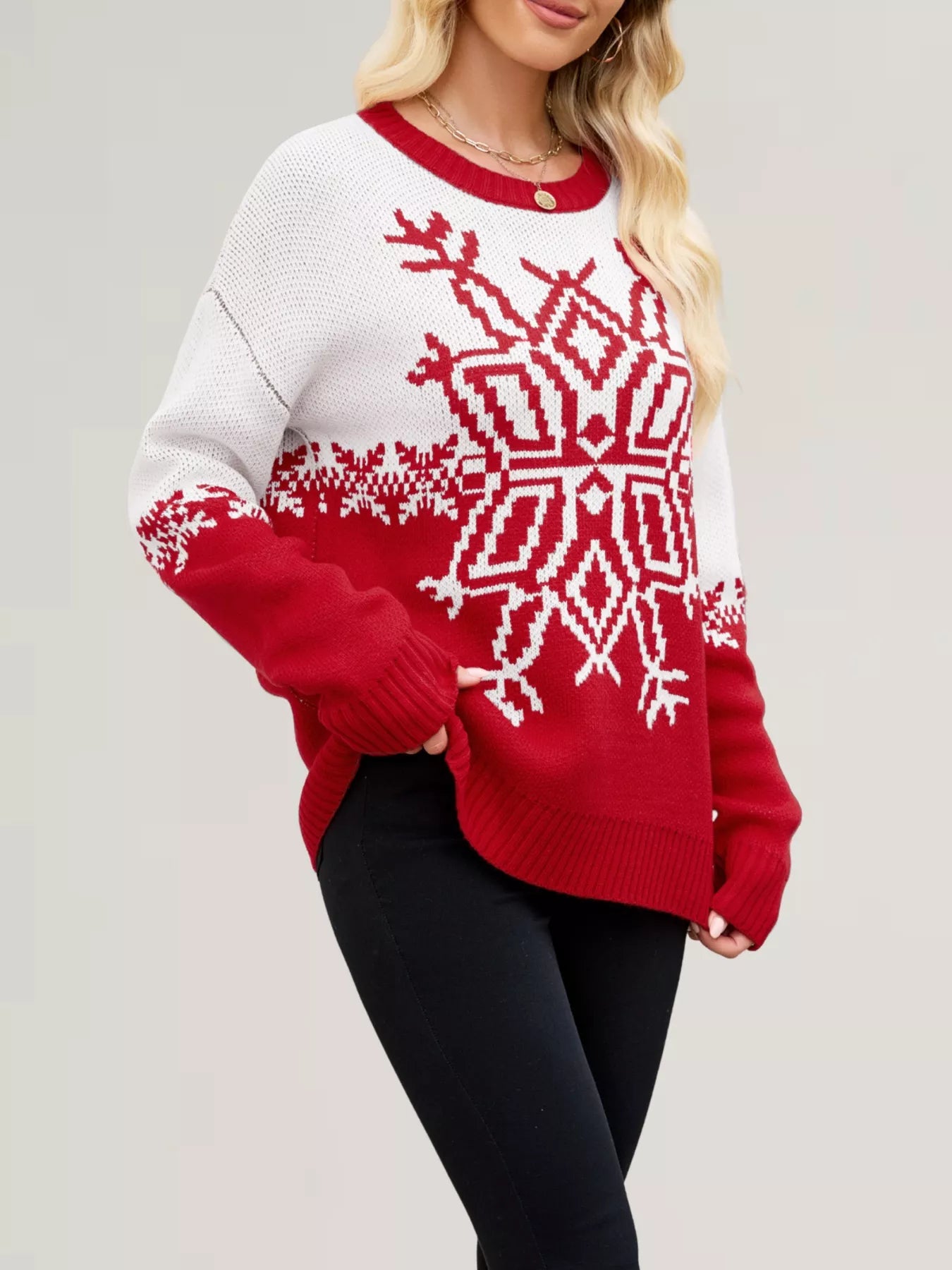 Christmas Snowflake Round Neck Sweater OutfitFlow