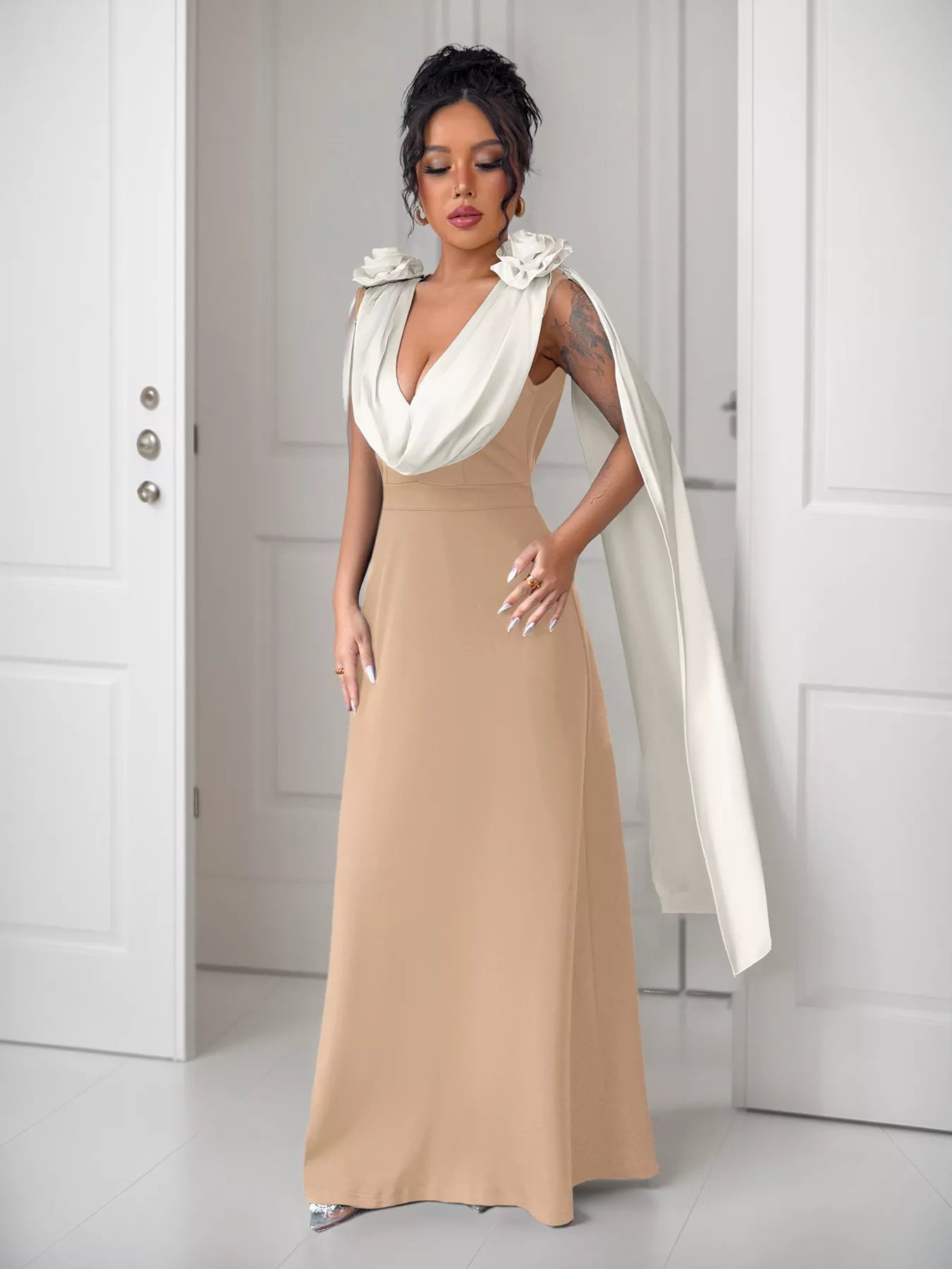 Floral Applique Two Tone Maxi Dress OutfitFlow