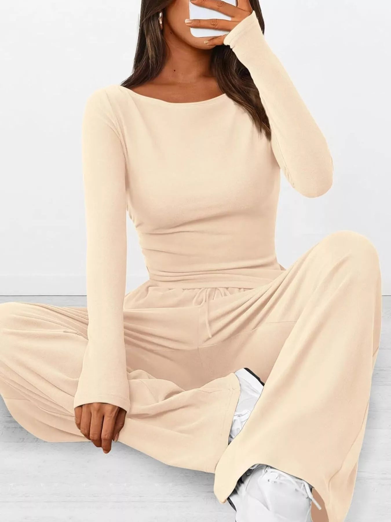Long Sleeve Top and Wide Leg Pants Set OutfitFlow