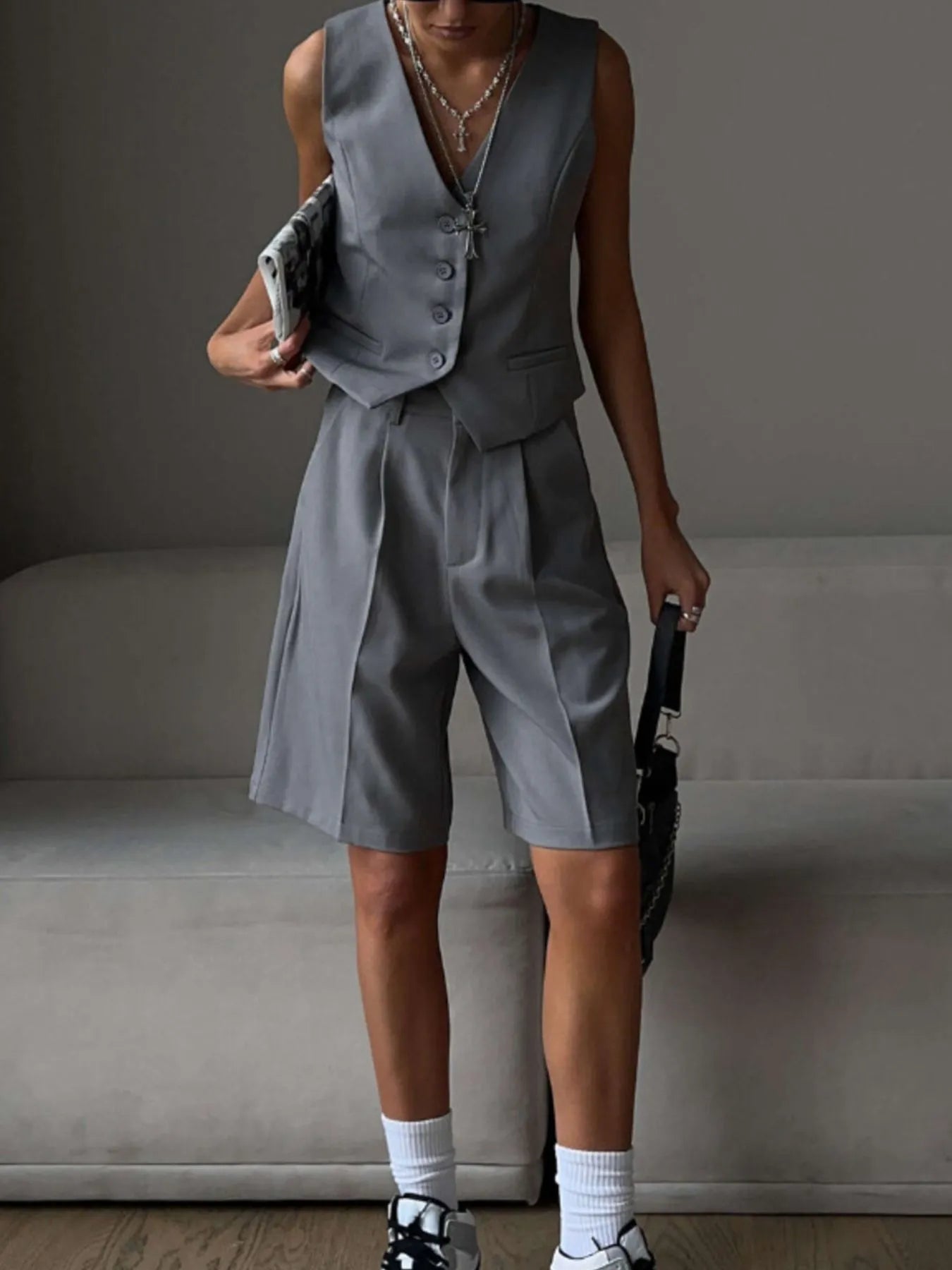 V-Neck Vest and Pants Two-Piece Blazer Set OutfitFlow