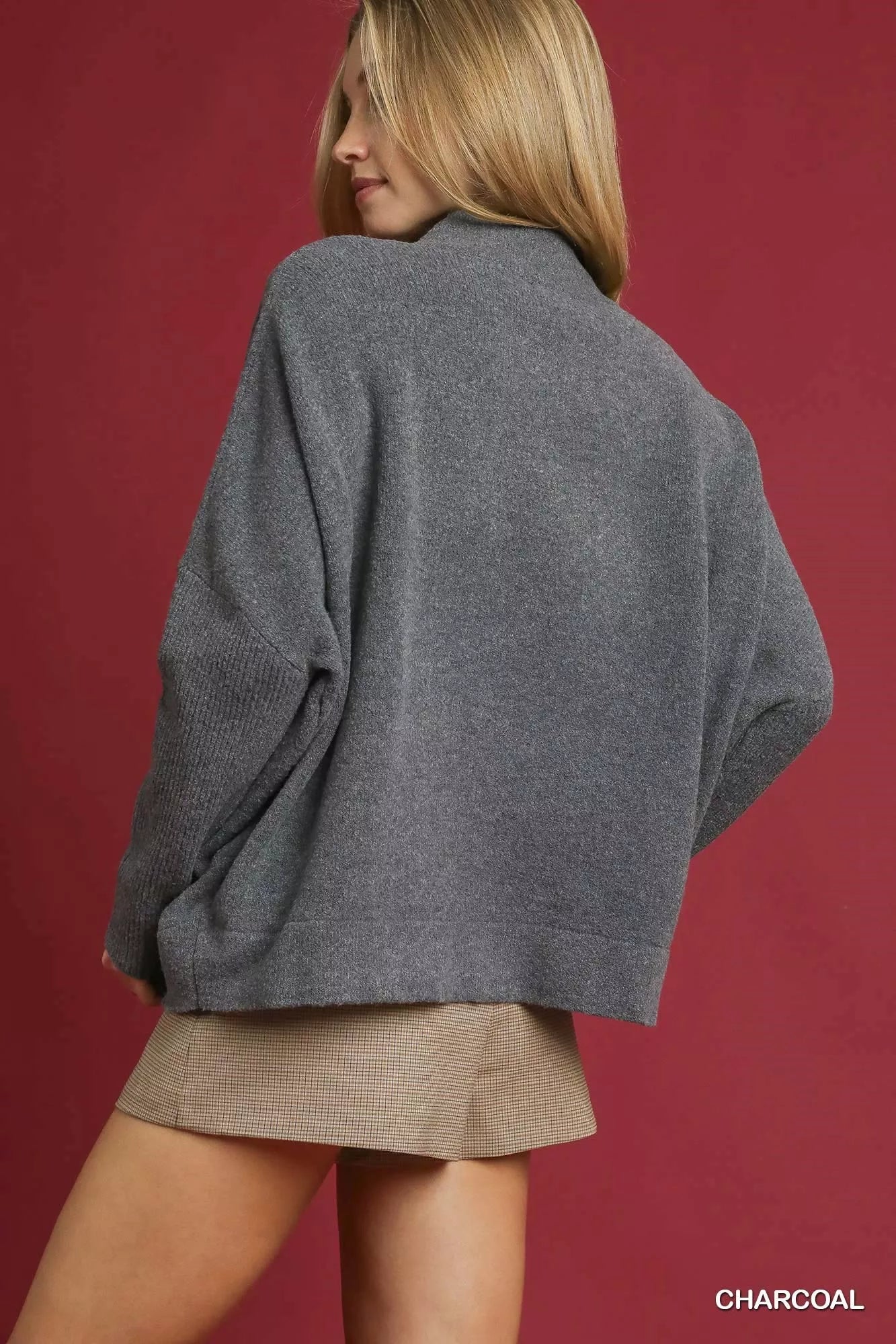 Umgee V-Neck Sweater with Wide Trim Detail OutfitFlow
