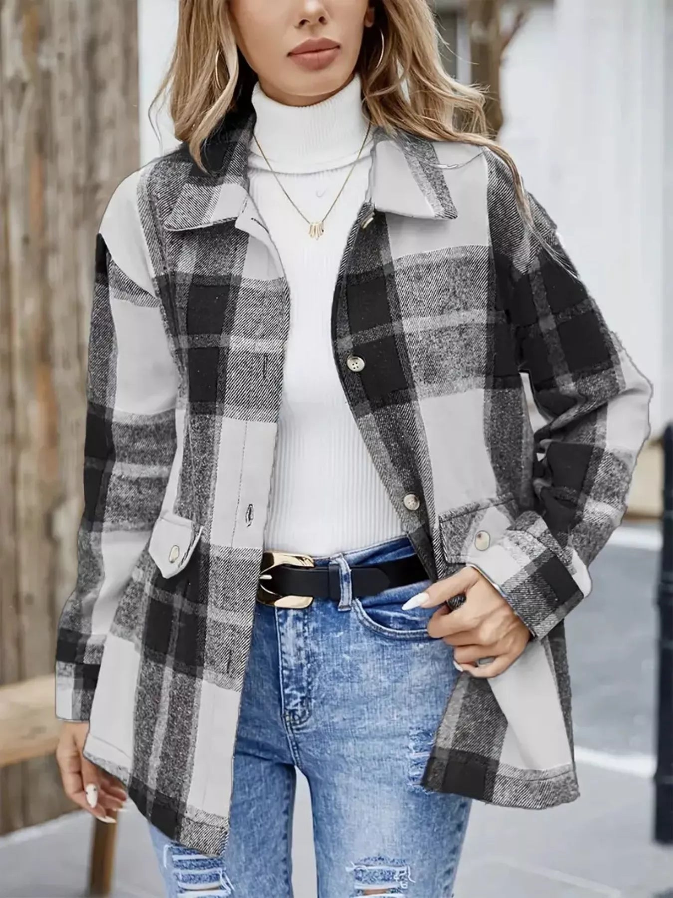 Plaid Button-Up Long Sleeve Shacket Black OutfitFlow