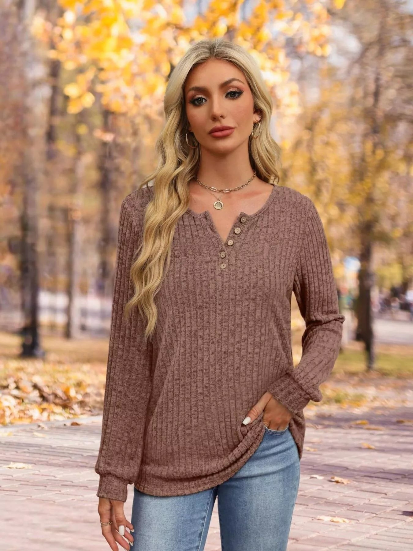 Ribbed Knit Button-Front Long Sleeve T-Shirt OutfitFlow