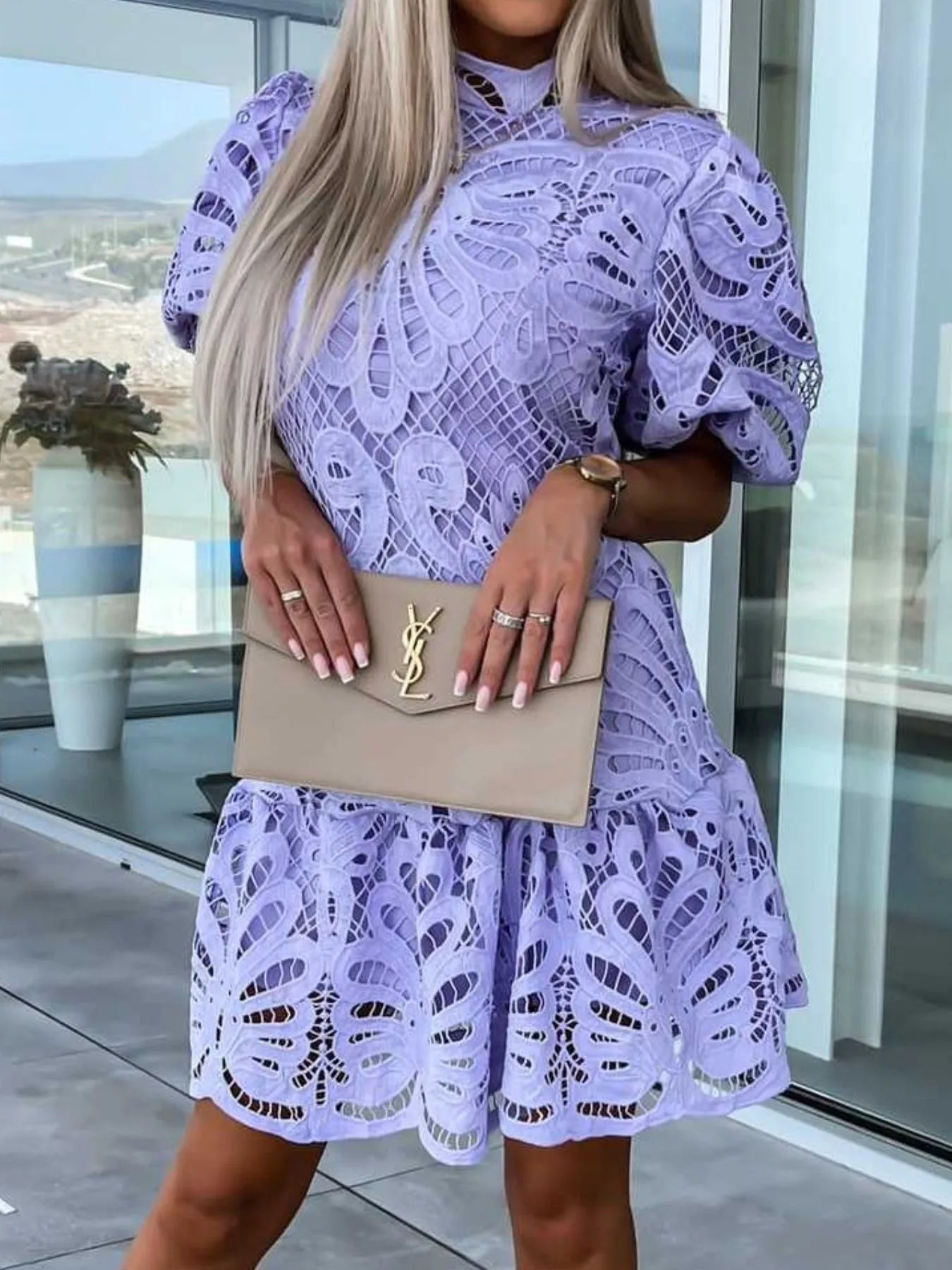 Lace Mock Neck Puff Sleeve Dress OutfitFlow