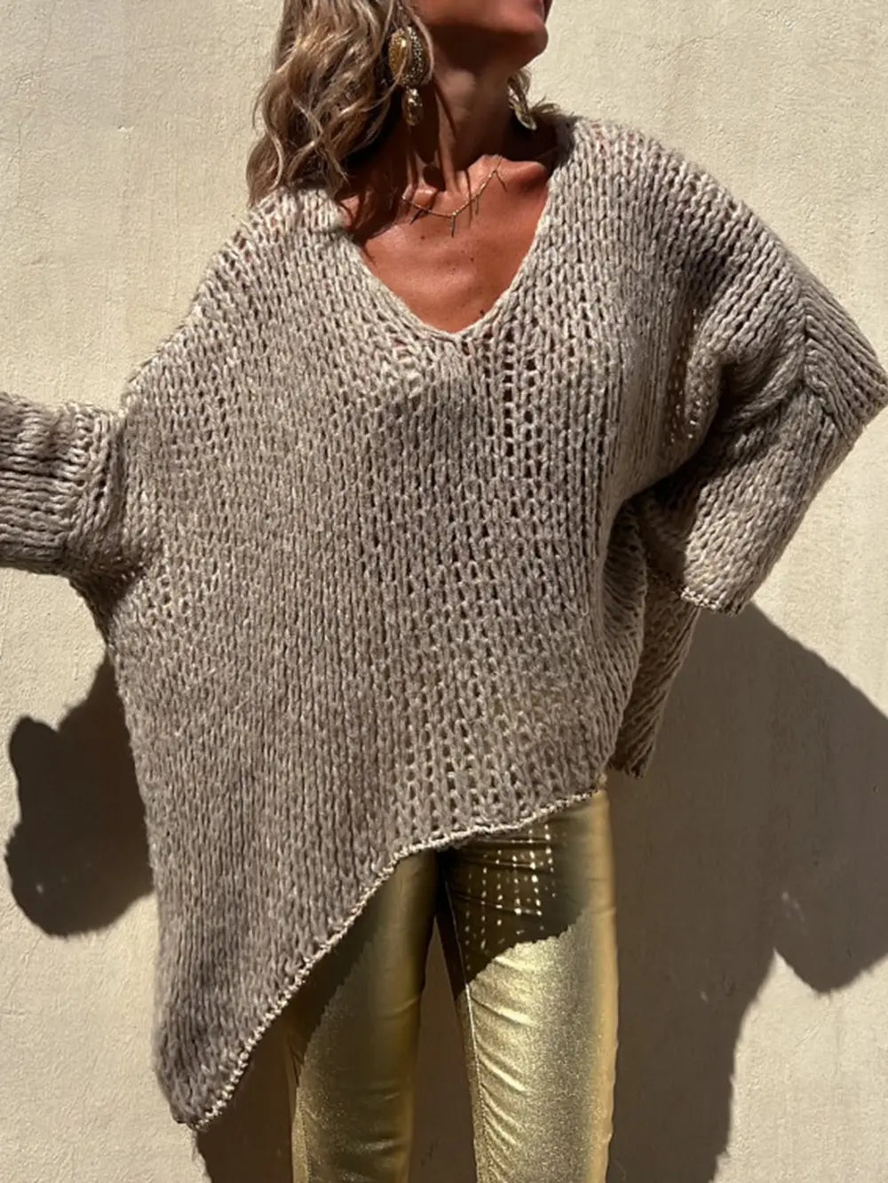 Contrast V-Neck Long Sleeve Sweater Camel OutfitFlow