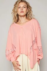 POL V-Neck Long Sleeve T-Shirt with Lace Detail OutfitFlow