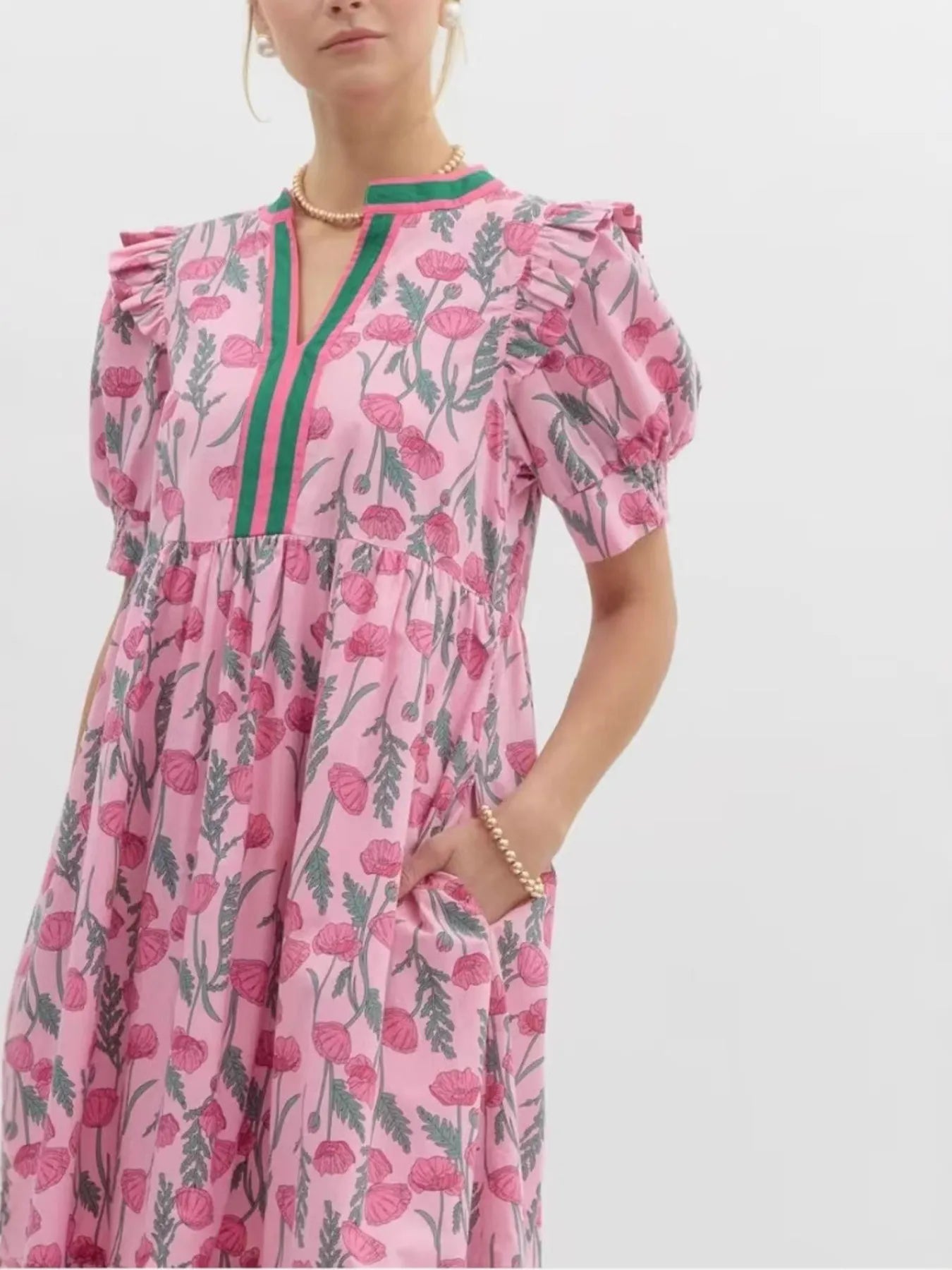 Floral Puff Sleeve Midi Dress with Contrast Trim OutfitFlow