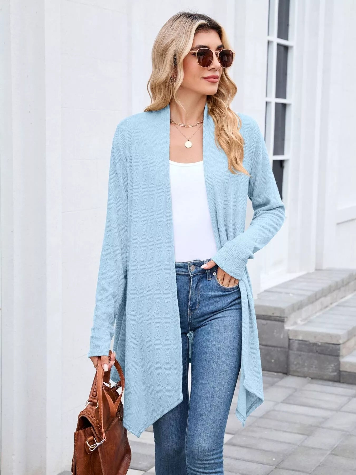 Open Front Long Cardigan Light Blue OutfitFlow