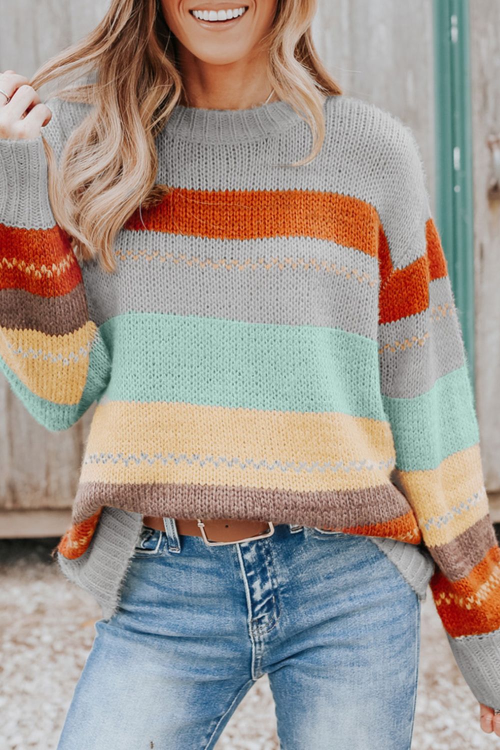 Outfit Flow - Color Block Round Neck Dropped Shoulder Sweater