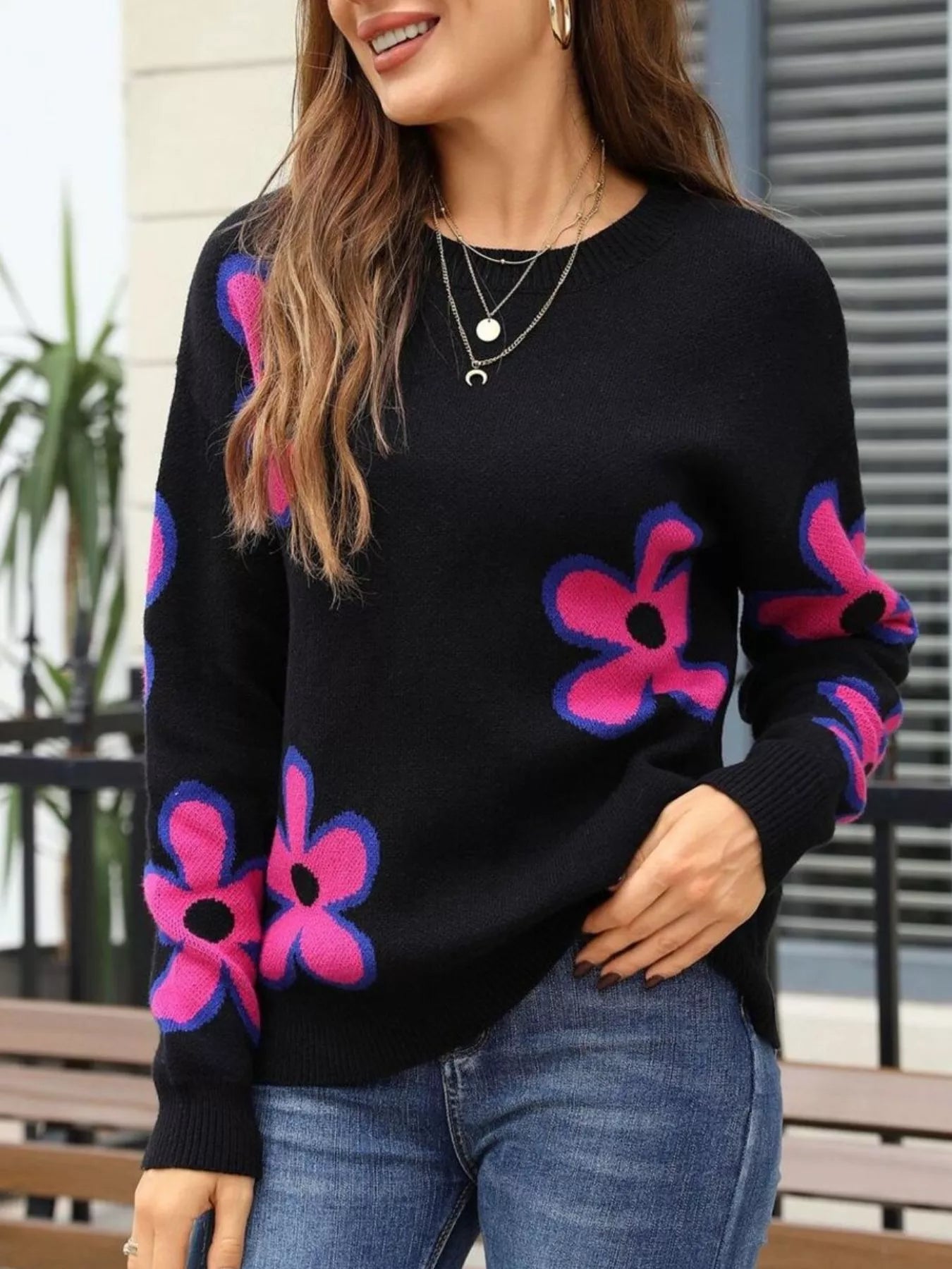 Floral Crew Neck Sweater Trendsi