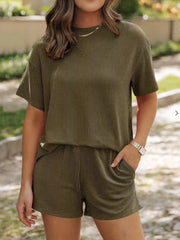 Full Size Ribbed Short Sleeve Top and Shorts Two-Piece Set Plus Size Army Green OutfitFlow