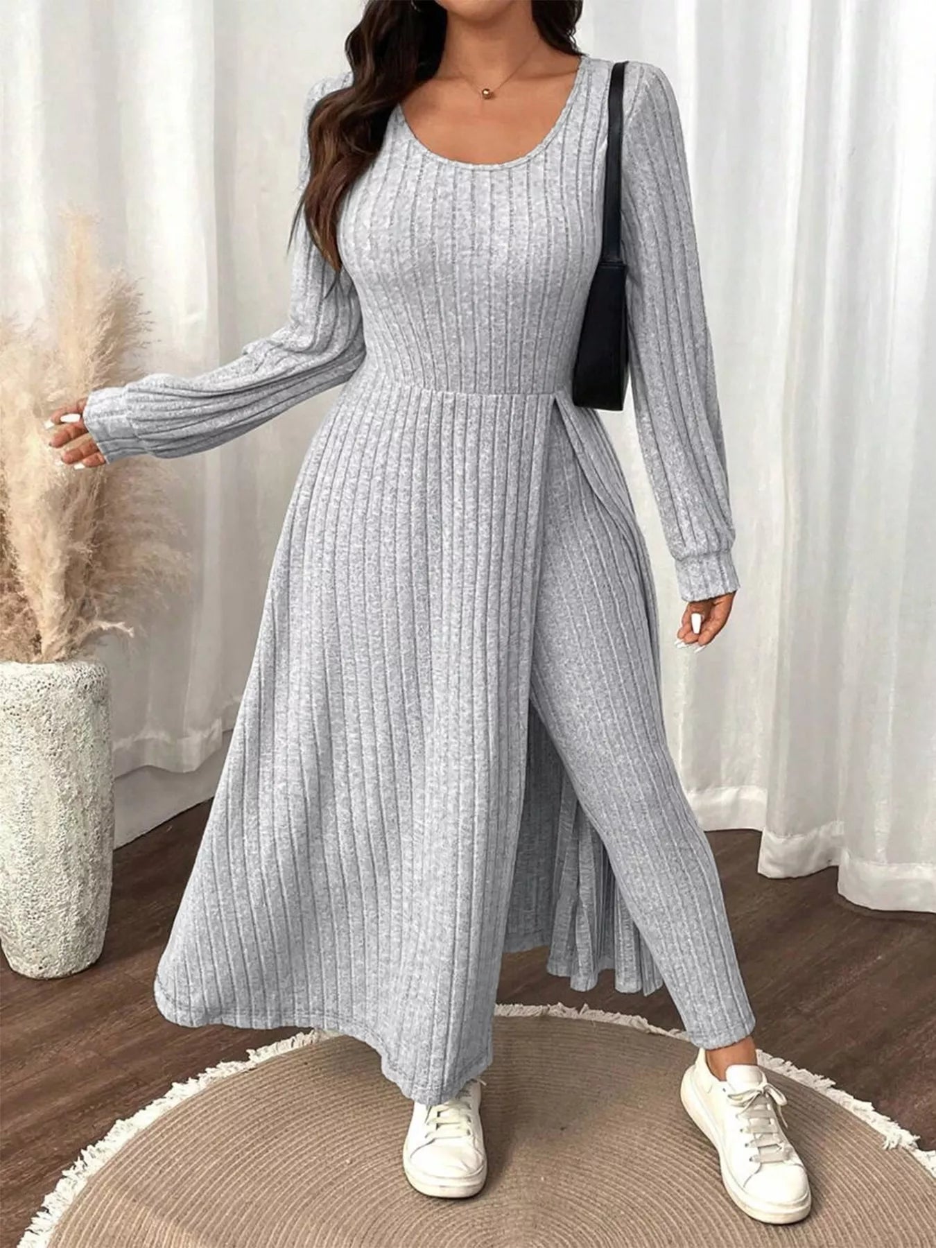Plus Size Ribbed Knit Long Sleeve Split Dress & Leggings Set OutfitFlow