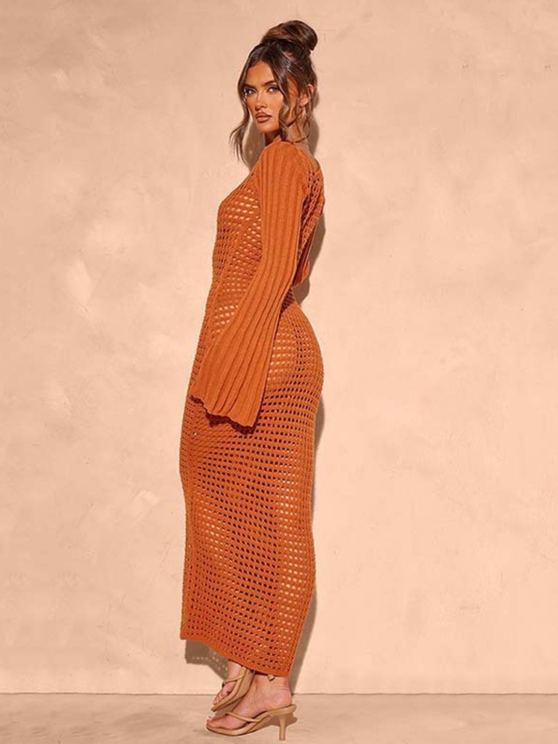 Openwork Square Neck Flare Sleeve Cover-Up Dress OutfitFlow