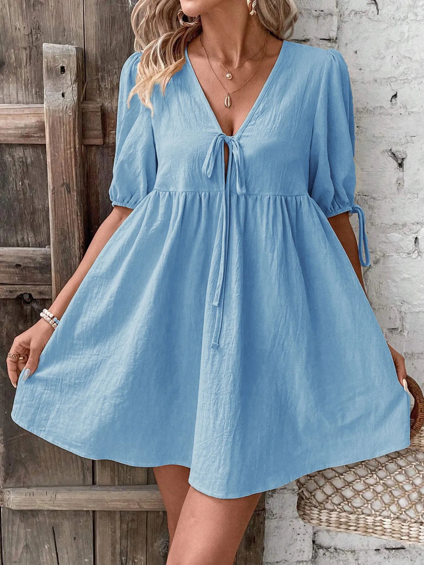 V-Neck Tie-Front Mini Dress with Puff Sleeves OutfitFlow