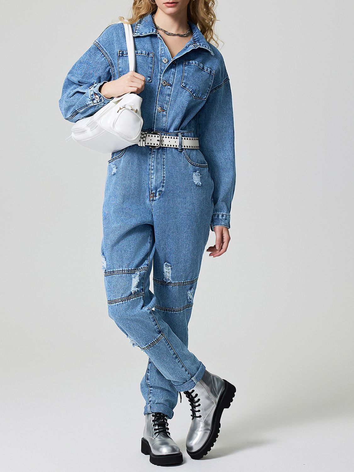 Distressed Button Down Drop Shoulder Denim Jumpsuit