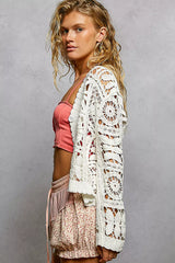 POL Button Down V-Neck Long Sleeve Cropped Crochet Cardigan OutfitFlow