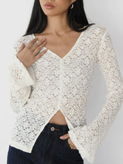 Lace V-Neck Flare Sleeve T-Shirt OutfitFlow