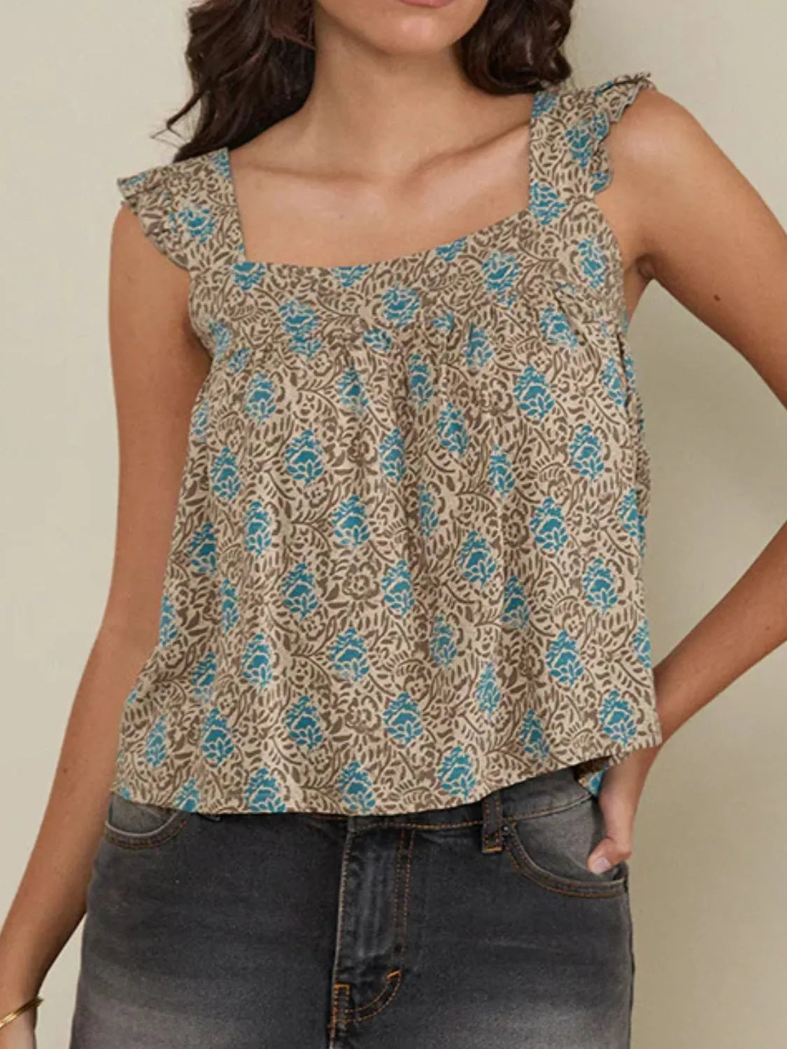Ruffled Plaid Square Neck Tank OutfitFlow
