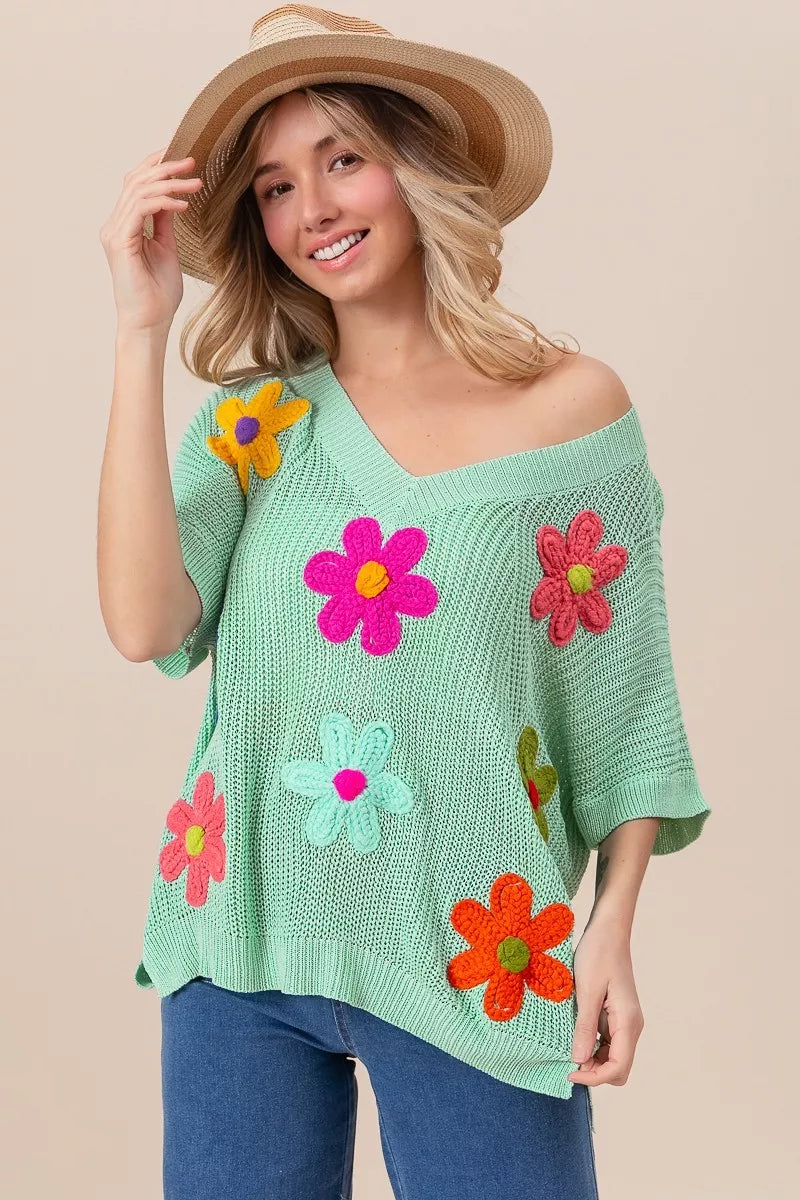 BiBi Flower Patches Dolman Sleeve Lightweight Sweater Trendsi