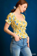 Umgee Floral Smocked Peplum Blouse OutfitFlow