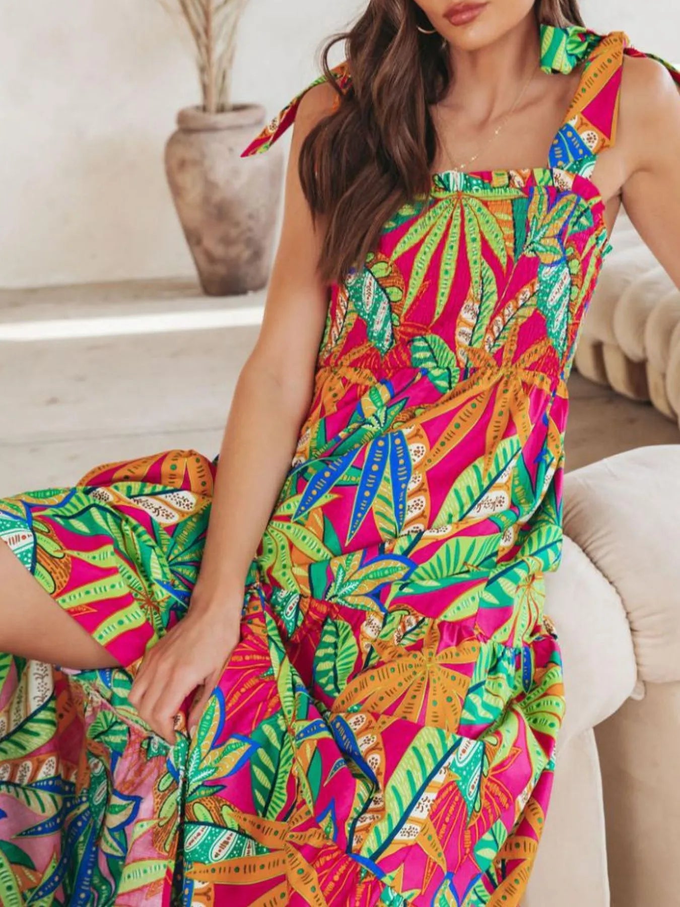 Tropical Print Tie Shoulder Maxi Dress OutfitFlow