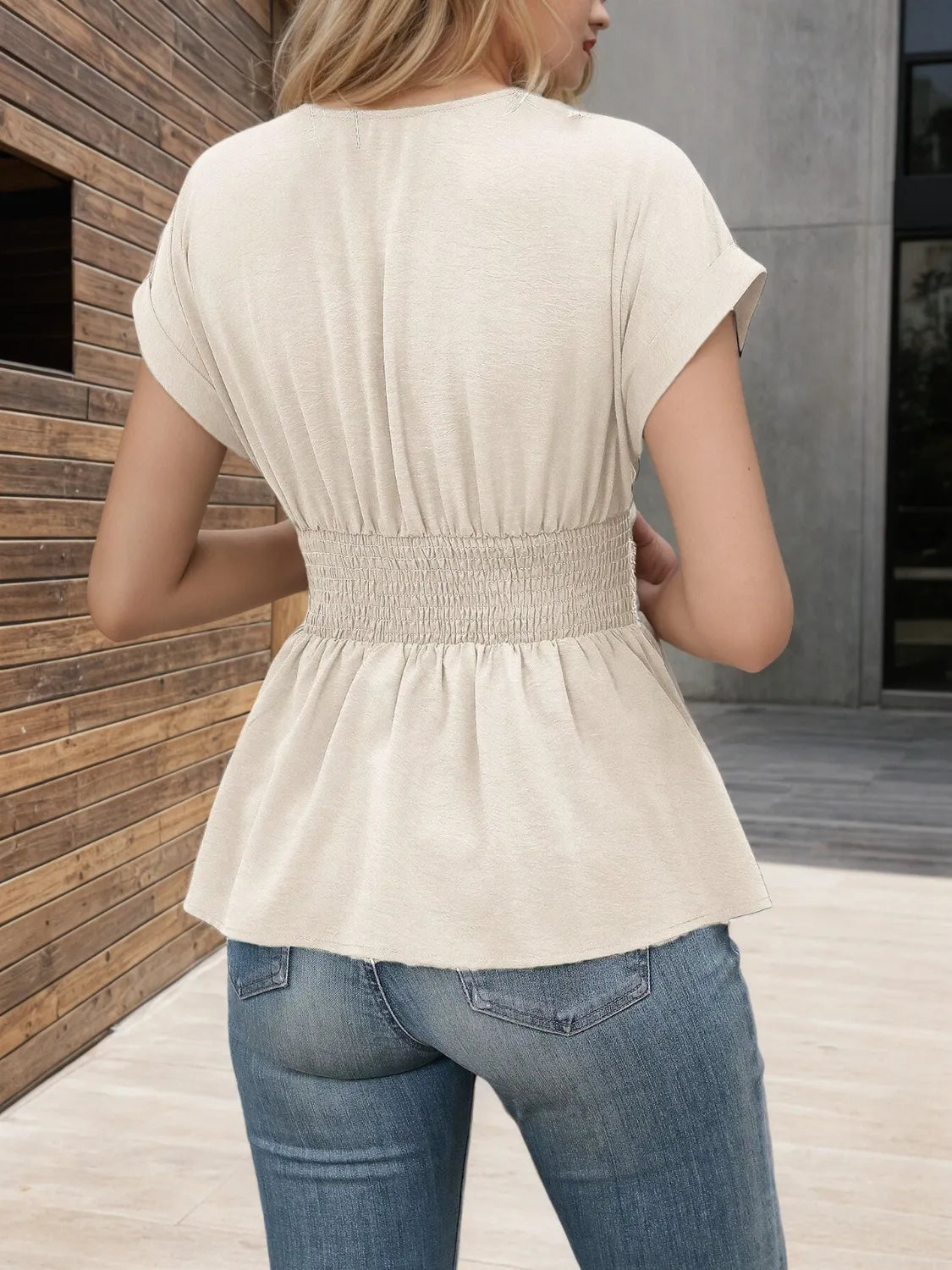 Surplice Short Sleeve Blouse OutfitFlow