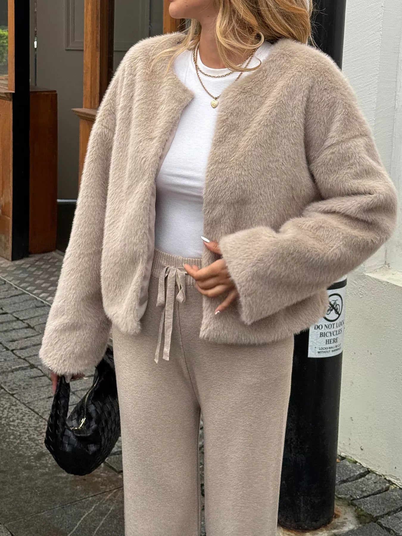 Open Front Dropped Shoulder Fuzzy Outerwear OutfitFlow