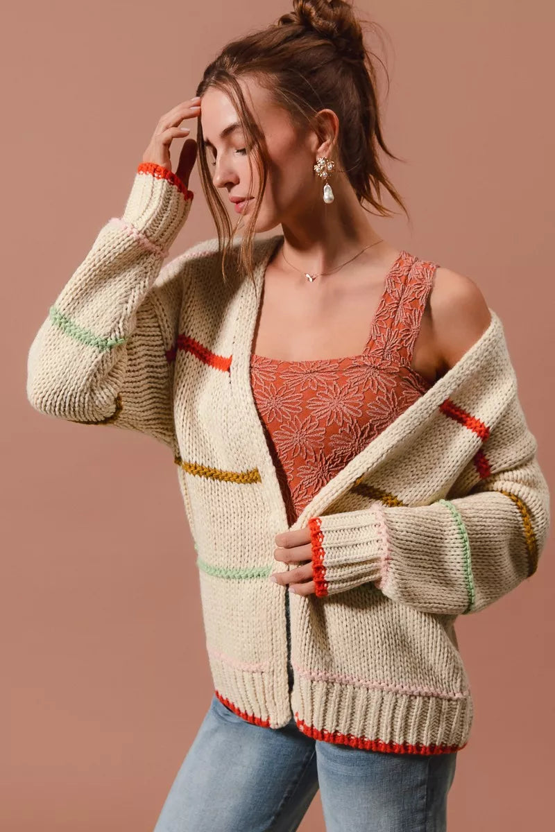 SO ME Loose Fit Multi Stripe Open Front Cardigan Trendsi