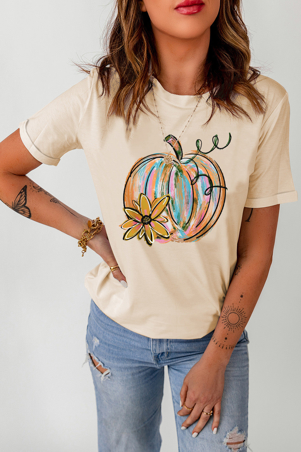 Pumpkin Graphic Round Neck T-Shirt Sand OutfitFlow