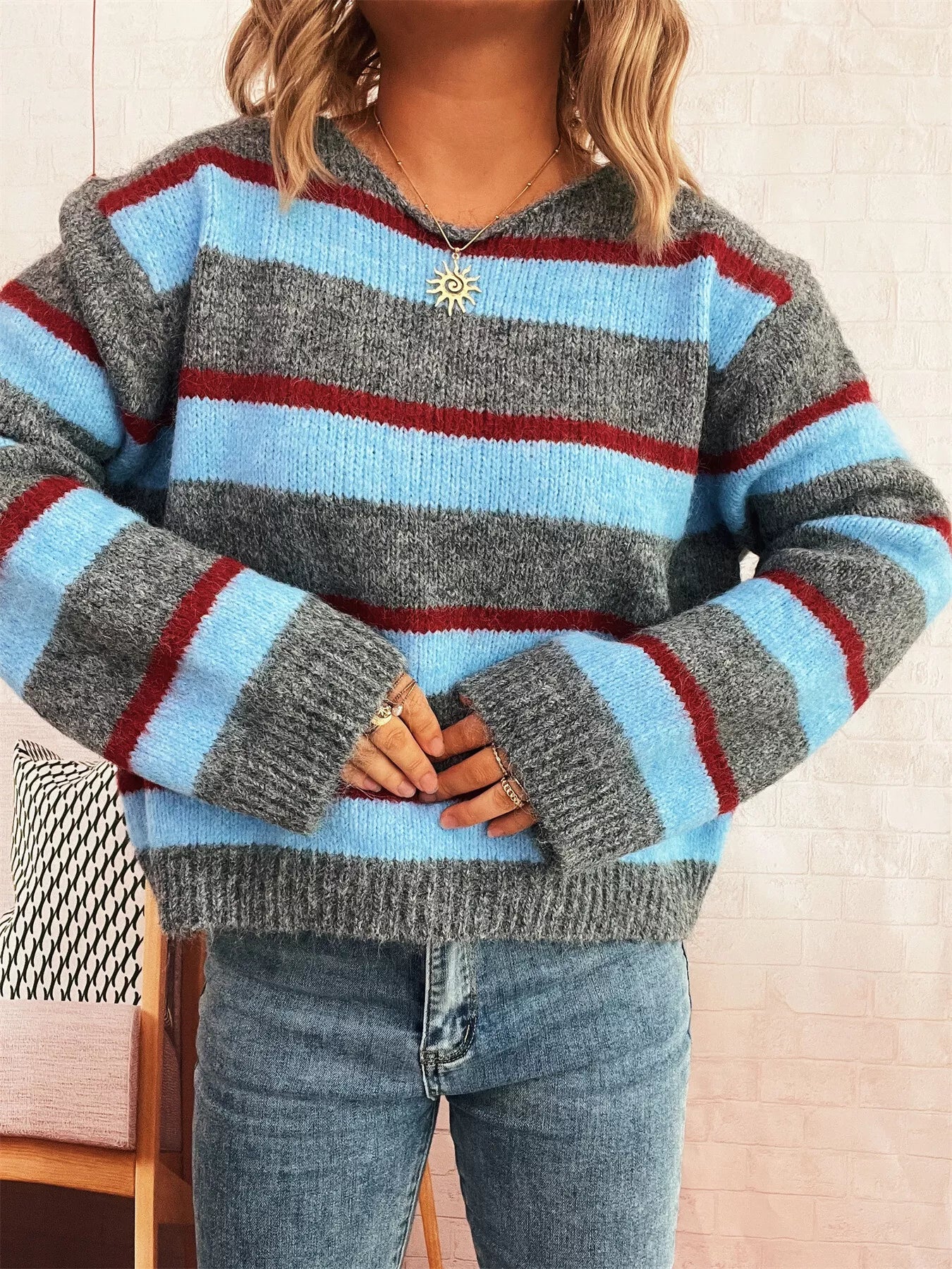 Striped Round Neck Long Sleeve Sweater OutfitFlow