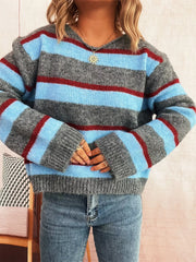 Striped Round Neck Long Sleeve Sweater OutfitFlow