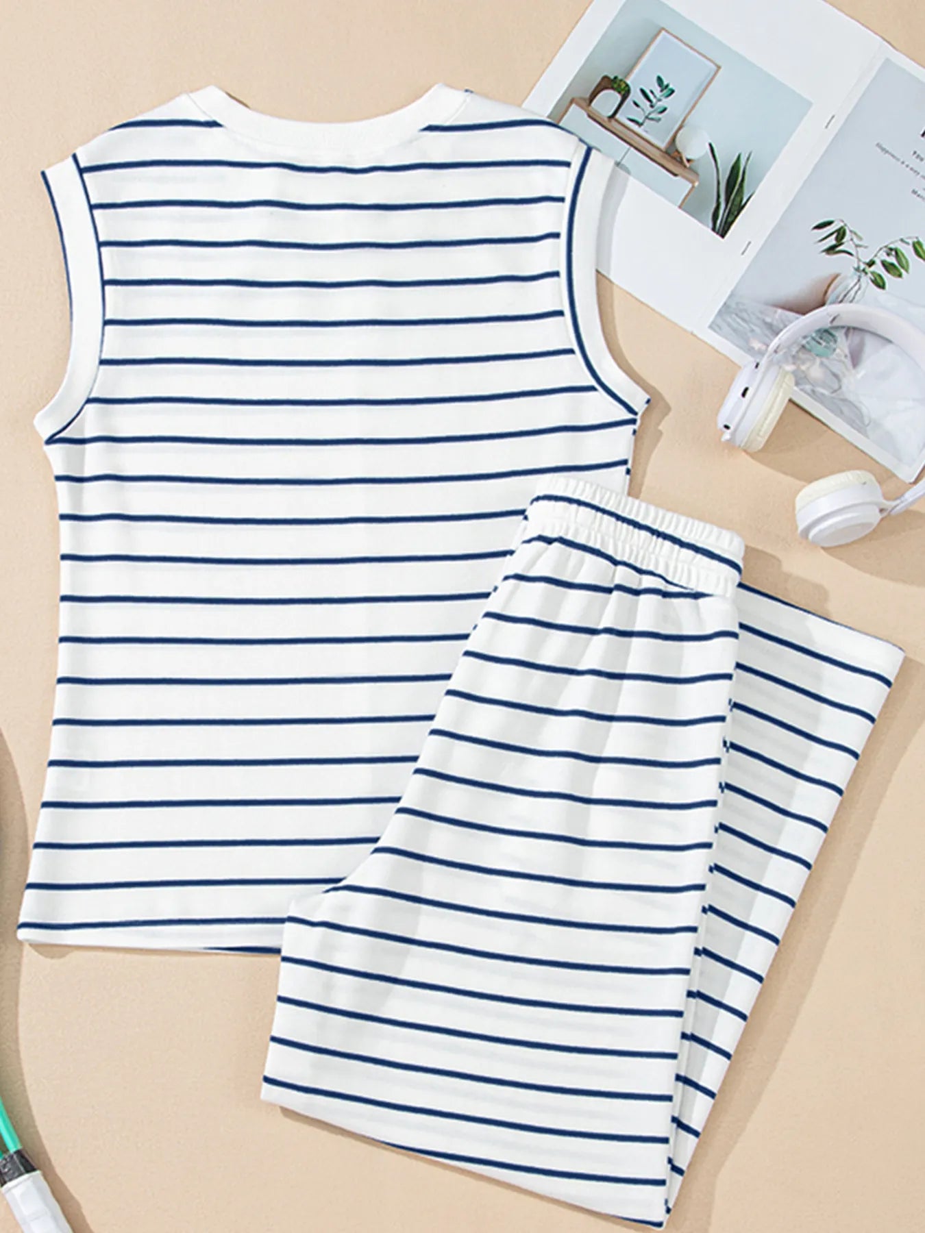 Casual Striped Tank and Wide Leg Pants 2pcs Set OutfitFlow