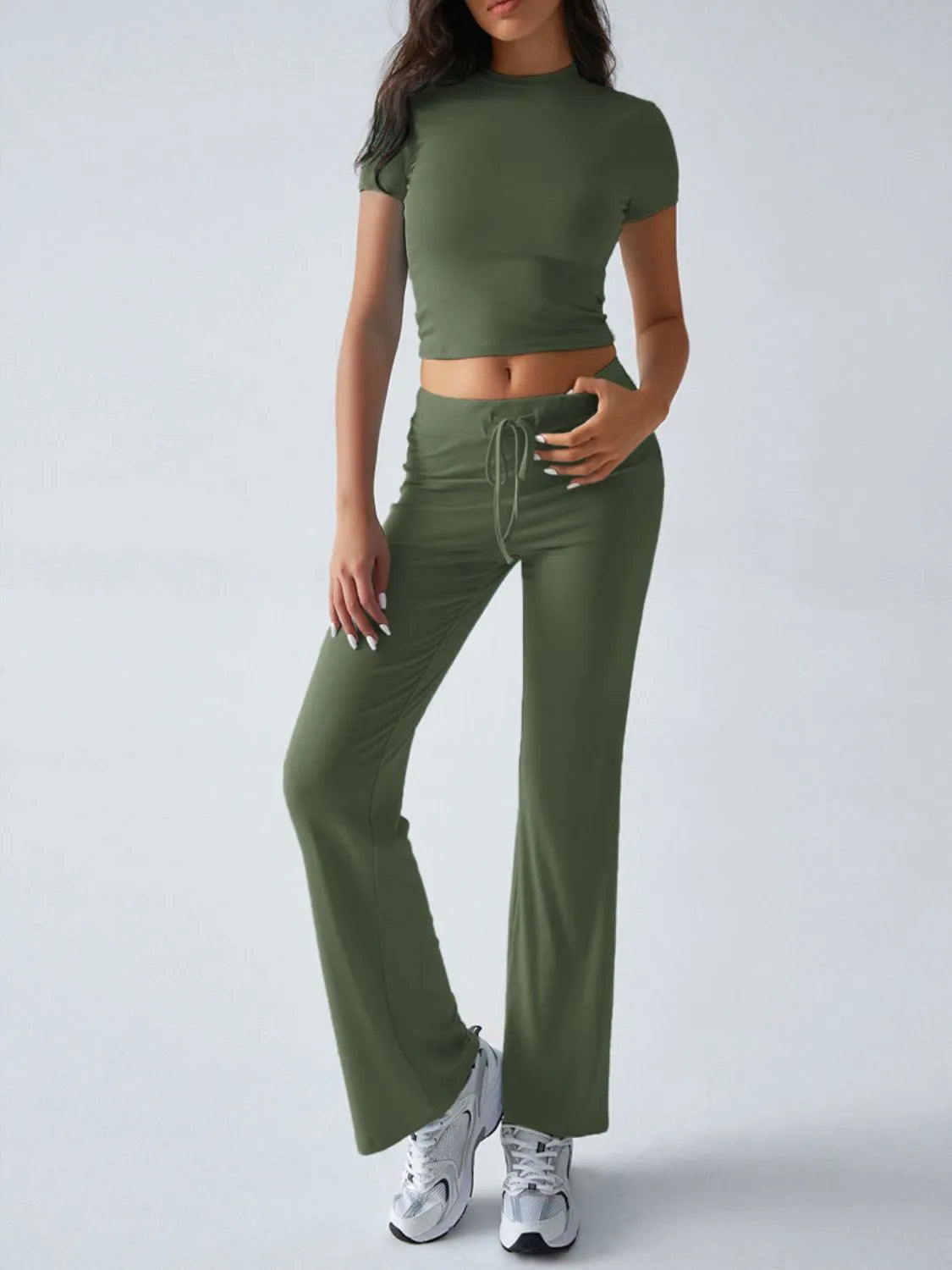Round Neck Short Sleeve Top and Pants Set OutfitFlow