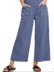 Zenana Washed Knot Strap Pockets Jumpsuit BLACKBERRY Trendsi