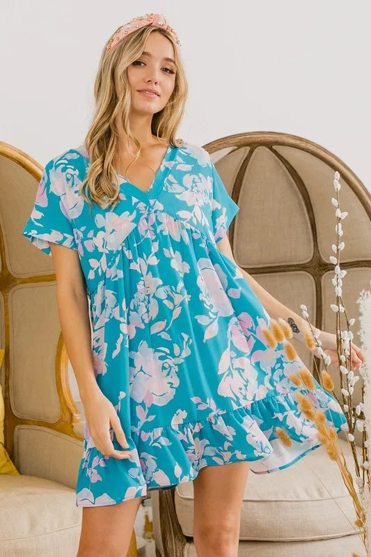 BiBi Floral Crinkle Shirred Ruffle Detail V Neck Dress OutfitFlow