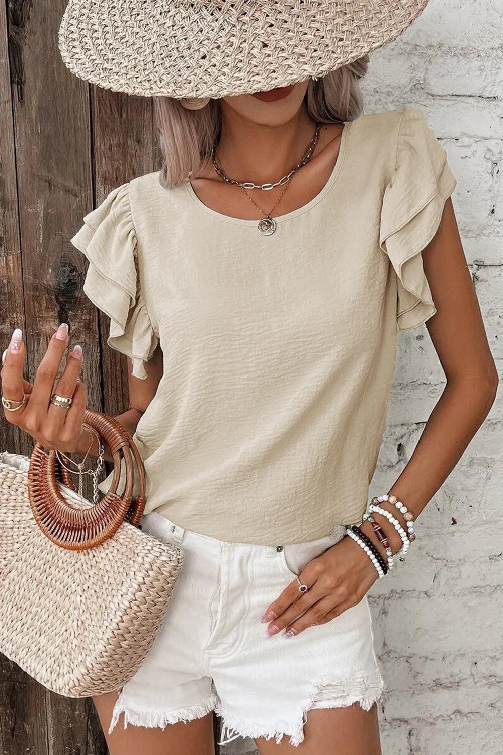 Solid Color Ruffled Short Sleeve Casual Blouse OutfitFlow