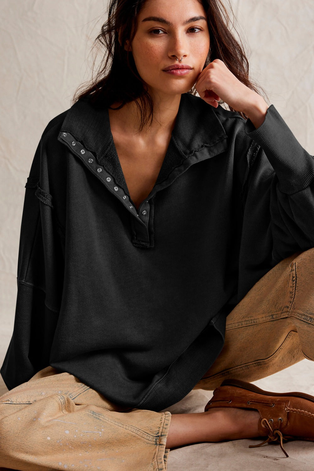 Outfit Flow - Exposed Seam Side Slit Long Sleeve Sweatshirt