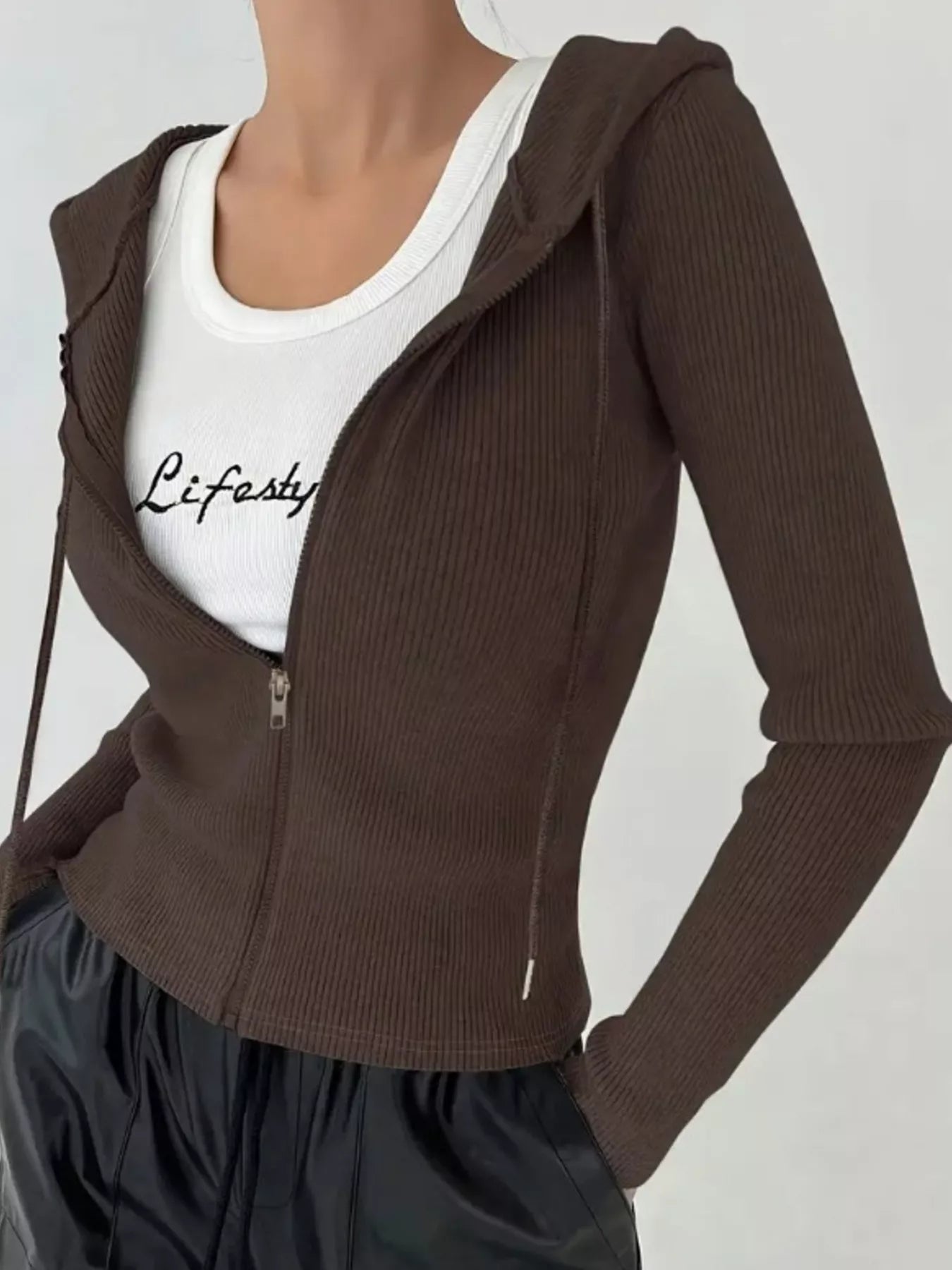 Ribbed Knit Zip-Up Hooded Cardigan Brown OutfitFlow