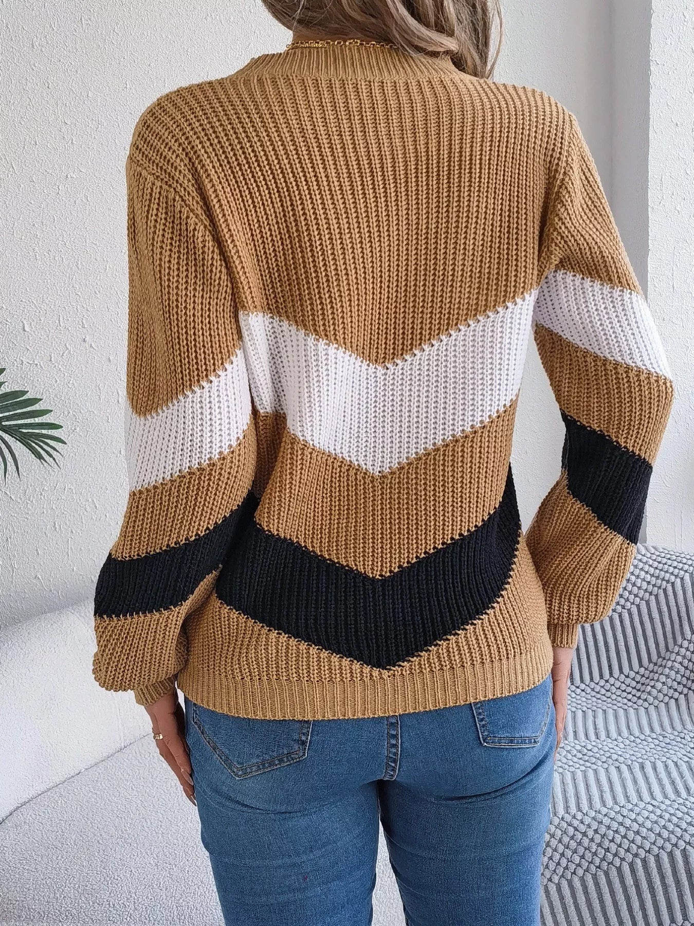 Chevron Stripe Color Block Round Neck Sweater OutfitFlow