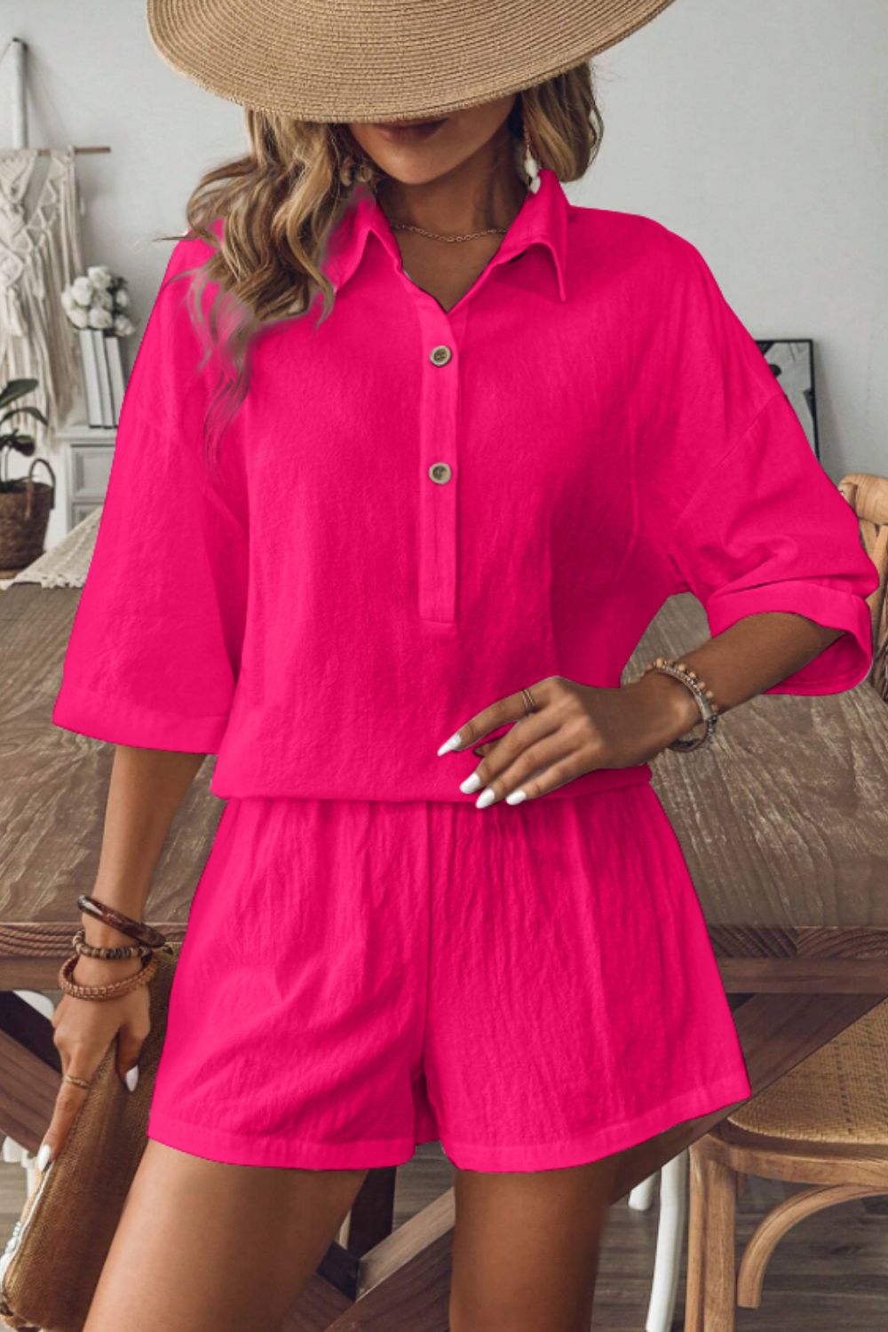 Outfit Flow - Collared Neck Half Sleeve Top and Shorts Set